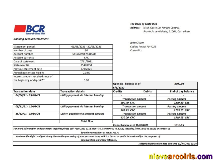 Costa Rica The Bank of Costa Rica bank statement easy to fill in Excel and PDF format